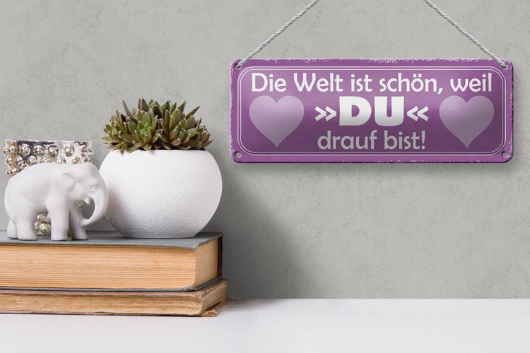 Blechschild Spruch 27x10cm Welt ist schön weil DU bist Dekoration