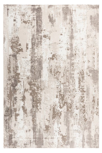 Rechteckiger Teppich mit abstraktem Muster in Beige und Grau.