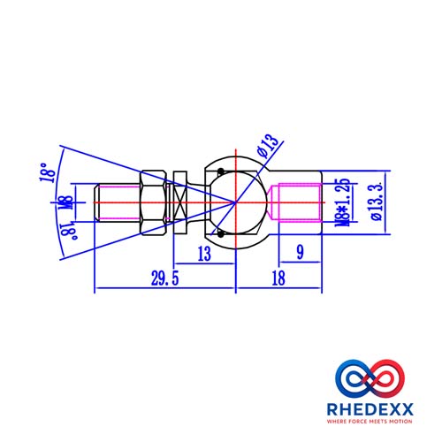 Technische Zeichnung eines RHEDEXX Winkelgelenks mit Gewinde M8 und Maßangaben in Millimetern und 18 Grad sowie RHEDEXX Logo.