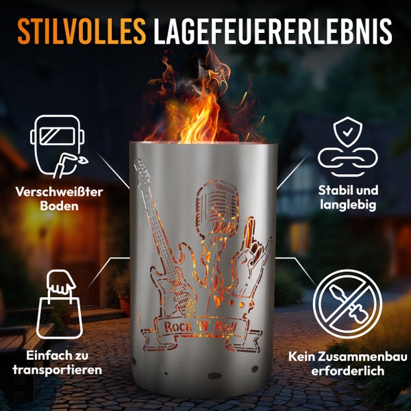 Feuerstelle mit Rock 'N' Roll Design, verschweißtem Boden, einfachem Transport und ohne Montage
