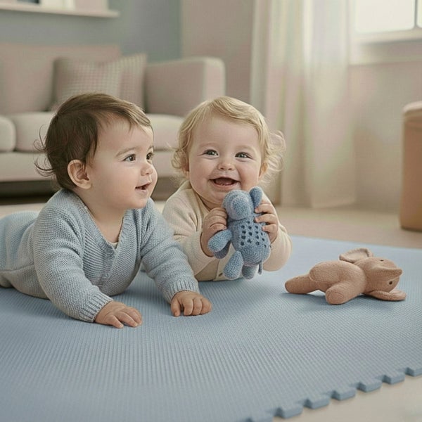 Zwei Babys spielen mit Stofftieren auf einer Schaumstoff-Puzzlematte in einem hellen, geräumigen Wohnzimmer.