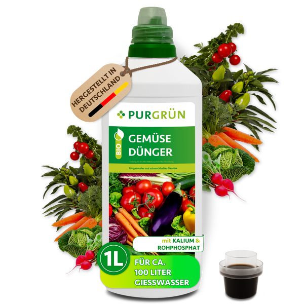Purgrün Bio Gemüsedünger 1 Liter Flasche für circa 100 Liter Gießwasser mit Kalium und Rohphosphat, hergestellt in Deutschland