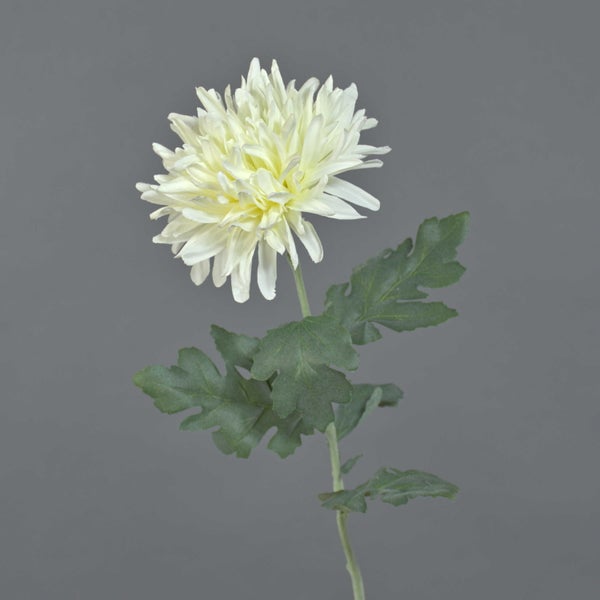 Künstliche Chrysantheme mit weißem Blütenkopf, grünen Blättern und Stiel.