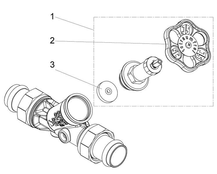 Technische Zeichnung eines Schrägsitzventils mit Markierungen für Handrad, Spindel und Dichtung mit DVGW DN 25 DIN Kennzeichnung.