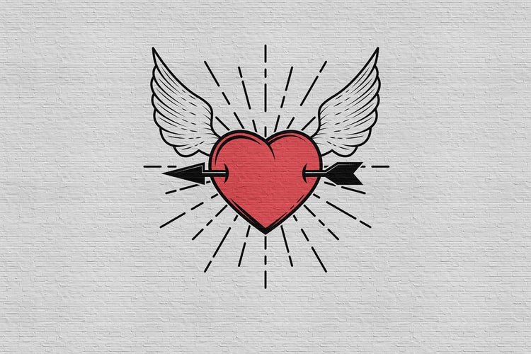 Illustration eines Herzens mit Flügeln und Pfeil vor einer Mauer