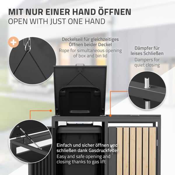 Mülltonnenbox mit Deckelseil zum gleichzeitigen Öffnen, Dämpfern für leises Schließen und Gasdruckfeder für einfaches und sicheres Öffnen.