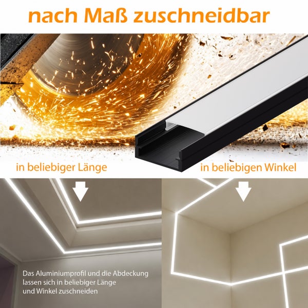 LED Aluminiumprofil mit Abdeckung individuell zuschneidbar fuer Eck oder Wandmontage in Innenraeumen.