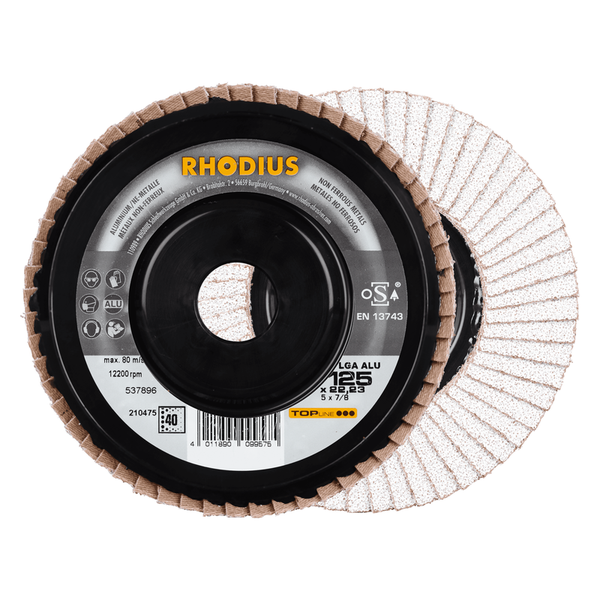 RHODIUS Fächerscheibe LGA ALU, 5 Stück, 125 x 22,23 mm, Korn 40, für NE-Metalle, Holz, TOPline