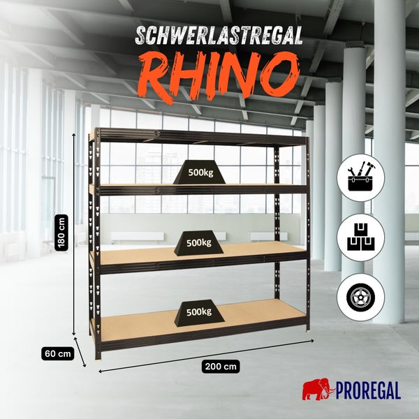 Proregal Schwerlastregal Rhino im hellen Lagerraum. Maße 180 mal 200 mal 60 Zentimeter, Traglast 500 Kilogramm pro Boden. Proregal Logo.