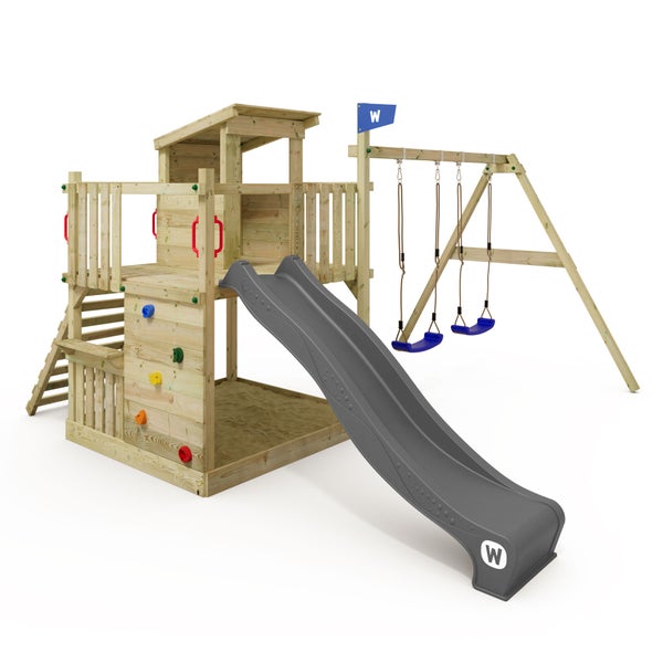 WICKEY Spielturm Klettergerüst Smart Cabin mit Schaukel und Rutsche, Stelzenhaus mit Sandkasten, Kletterwand und Spiel-Zubehör – anthrazit