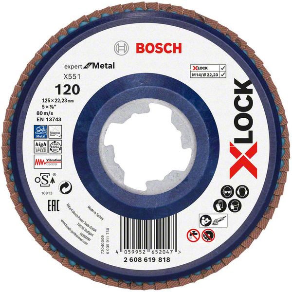 Bosch Expert Metall X551 Fächerscheibe, 125x22,23 mm, Körnung 120, geeignet für Metall und Edelstahl, mit X-Lock System
