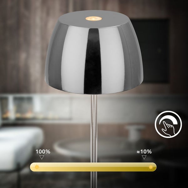 Briloner Serina Mini LED Tischlampe kabellos IP44, Dimmbar, Touch, Spritzwasserschutz, akku, chrom, Ø8 x 20 cm