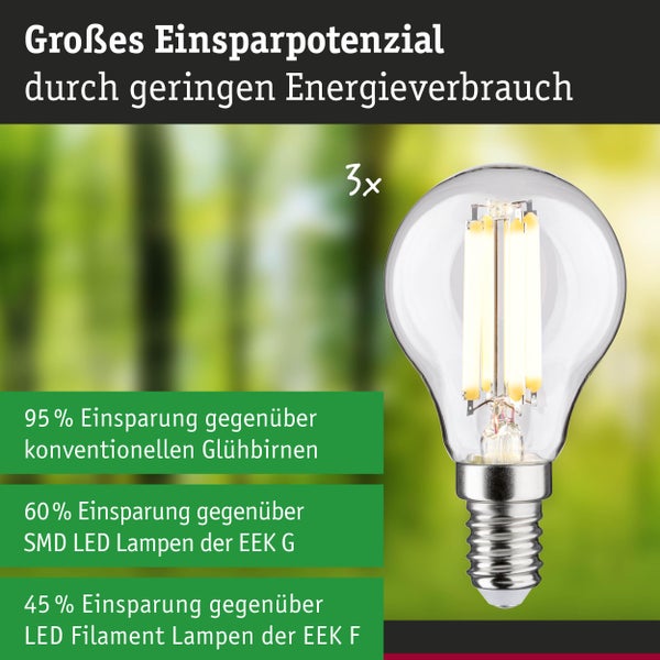 Dreier Pack LED Filament Leuchtmittel mit Informationen zur Energieersparnis von bis zu 95 Prozent gegenüber herkömmlichen Glühbirnen.