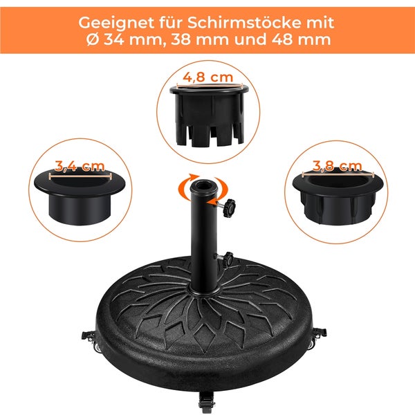 Sonnenschirmständer mit drei Adapterringen für Schirmstöcke mit 34 Millimeter, 38 Millimeter und 48 Millimeter Durchmesser.