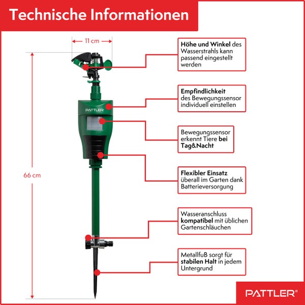 PATTLER® Wasserstrahl Tiervertreiber I Katzenschreck, Vogelabwehr, Reiherschreck für Garten | PIR-Bewegungsmelder I Reichweite bis zu 10 m I Vogelschreck, Katzenabwehr, Hundeabwehr
