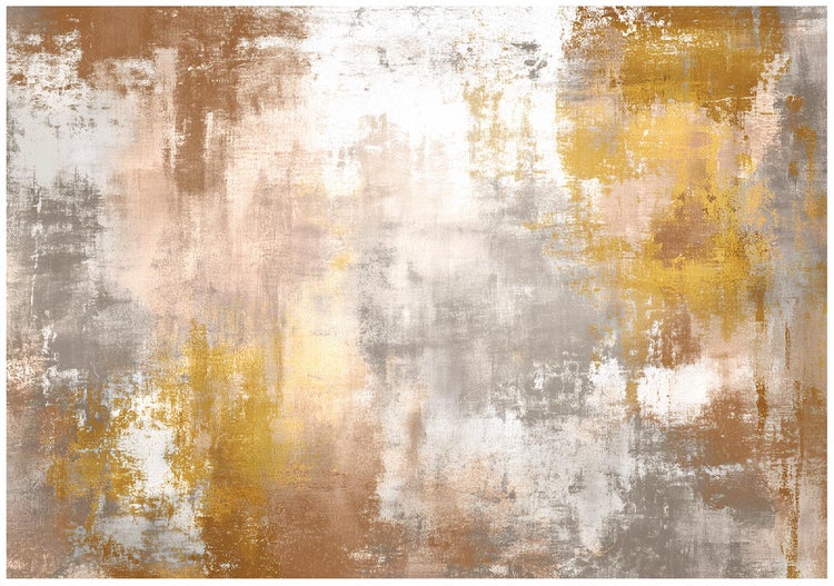 Abstrakter Teppich mit strukturierter Oberfläche und Vintage-Optik in Erdtönen.