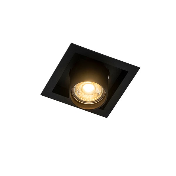 Quadratischer Einbaustrahler in Schwarz mit eingeschaltetem Leuchtmittel.