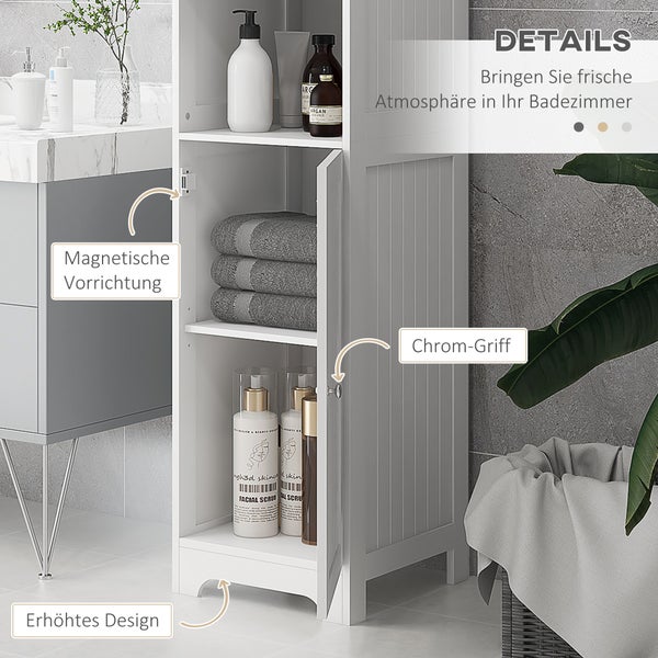 Weißer Badschrank mit Magnetverschluss, Chromgriff und erhöhtem Design, inklusive Ablageflächen für Handtücher und Badutensilien.