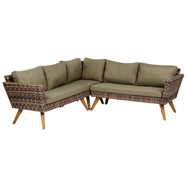 Ecksofa für den Garten aus Kunststoffgeflecht mit Holzfüßen und olivgrünen Sitz- und Rückenkissen.