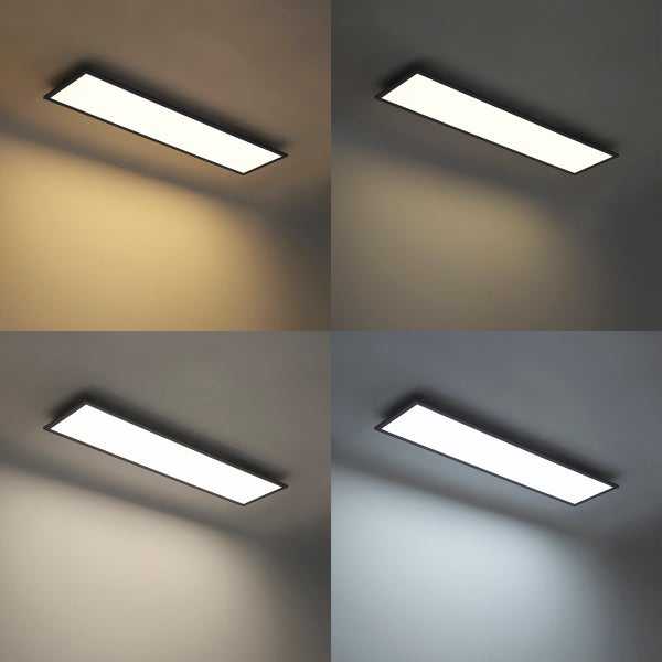 Rechteckiges LED-Panel mit Darstellung von vier verschiedenen Farbtemperaturen von Warmweiß bis Tageslichtweiß.