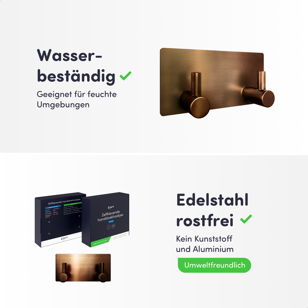 Wasserbeständiger Doppel-Handtuchhaken aus rostfreiem Edelstahl in Bronze-Optik für feuchte Umgebungen.