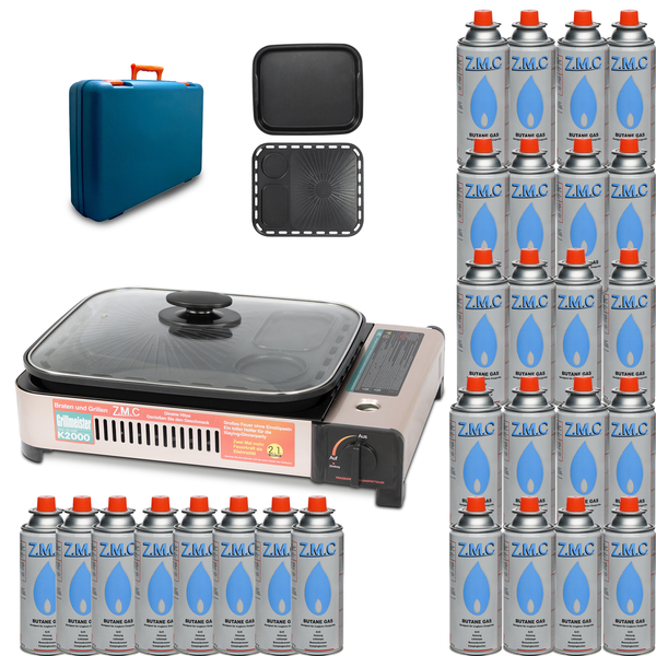 ZMC 2-in-1 Gaskocher und Gasgrill + 28 Gaskartuschen 227g, inkl. Grillplatte, Pfanne, Glasdeckel und Koffer, Campingkocher für innen- und Außenbereich