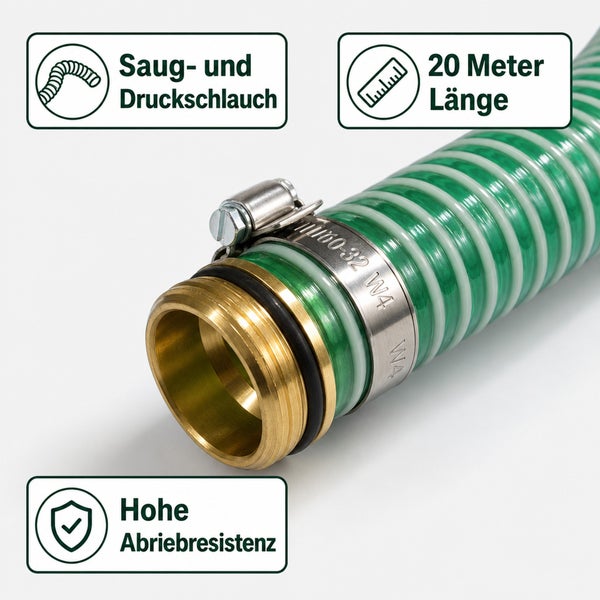 Saug- und Druckschlauch mit Messinganschluss und Schlauchschelle, 20 Meter Länge, hohe Abriebresistenz.