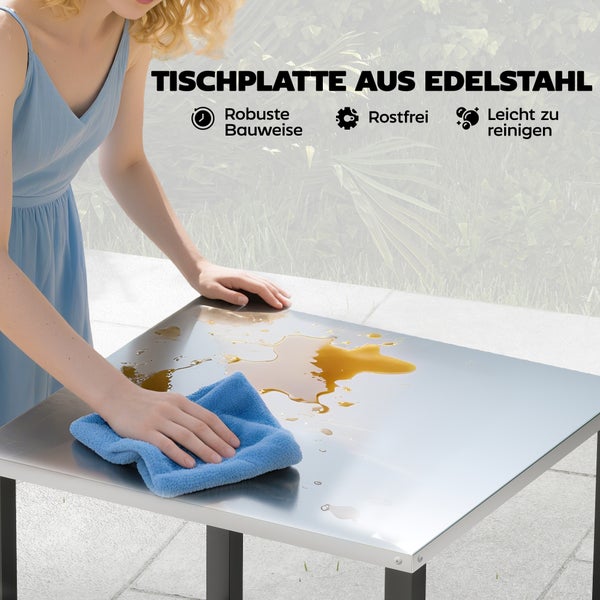 Edelstahl-Tischplatte wird gereinigt. Merkmale sind eine robuste Bauweise, rostfreies Material und eine einfache Reinigung.