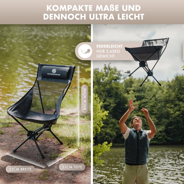 NATURBUMMLER® Kompakter und leichter Campingstuhl [Cloud Light+] mit atmungsaktivem Netzgewebe & hoher Rückenlehne – 100 kg belastbar – Bequemer Campingsessel für Garten, Camping, Angeln & Out