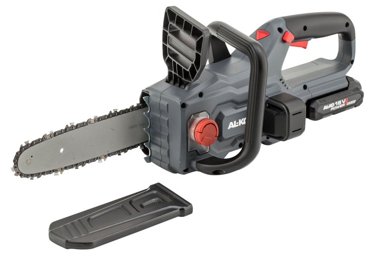 Akku-Kettensäge AL-KO 18 Volt mit Führungsschiene, Kette und schwarzem Kettenschutz.