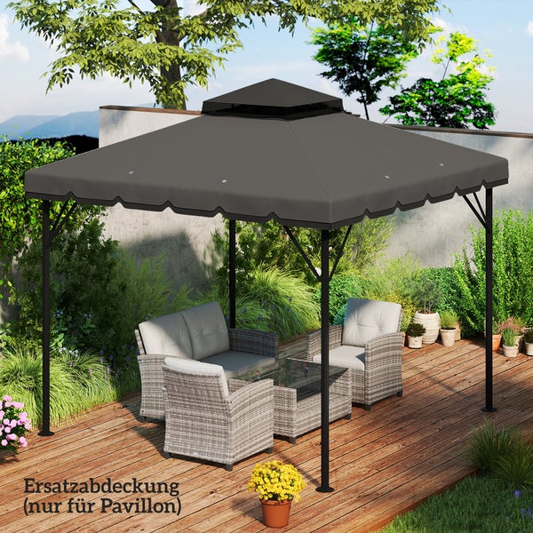 Dunkelgraue Ersatzabdeckung für einen Gartenpavillon auf einer Holzterrasse mit grauer Sitzgruppe aus Polyrattan und grüner Bepflanzung.