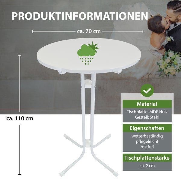 Produktinformationen zu einem Bistrotisch mit einer Höhe von circa 110 cm und einer Tischplattenstärke von circa 2 cm.