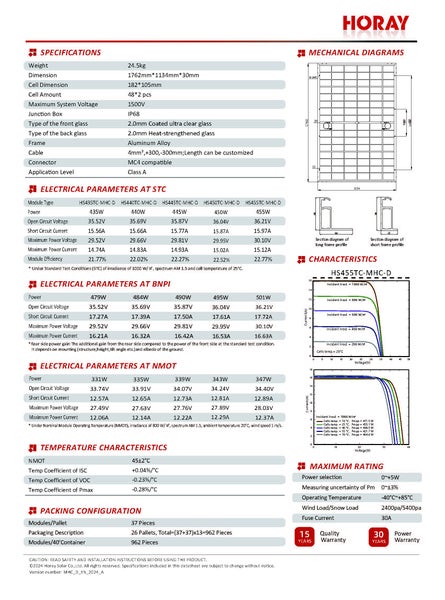 Produktdatenblatt für Horay Solarmodul mit technischen Spezifikationen, Diagrammen und Garantiedetails