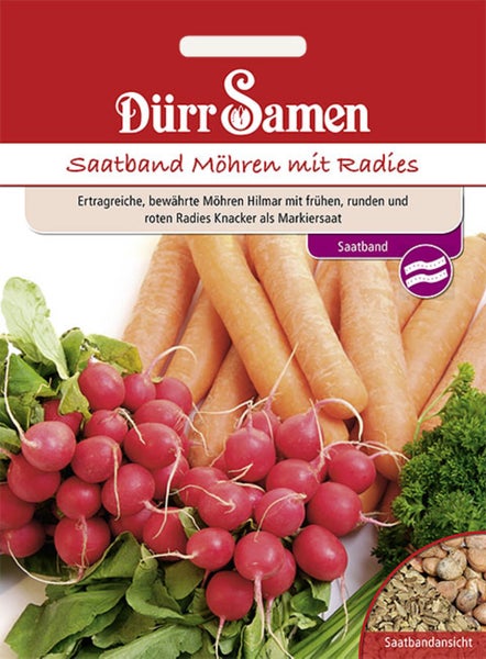 Dürr Samen Logo, Saatband Möhren Hilmar mit Radies Knacker, Samentüte mit Abbildung von Karotten und Radieschen.
