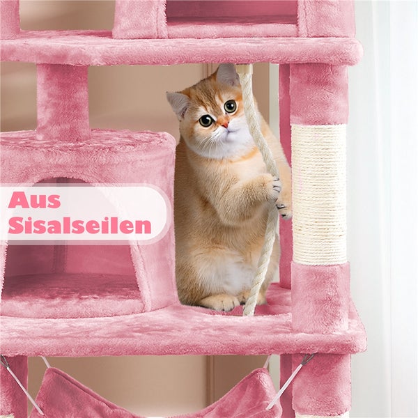 Katze auf einem rosa Katzenkratzbaum mit Sisalseilen