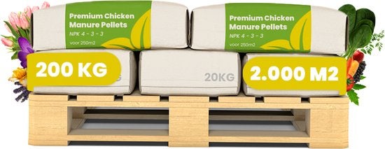 Palette mit Säcken Hühnermistpellets in verschiedenen Größen