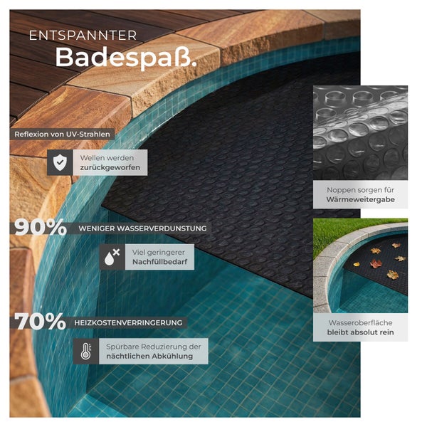 Solarplane für den Pool mit Wärmedämmung und Schutz vor Verdunstung und Verschmutzung zur Reduzierung von Heizkosten und Nachfüllbedarf.