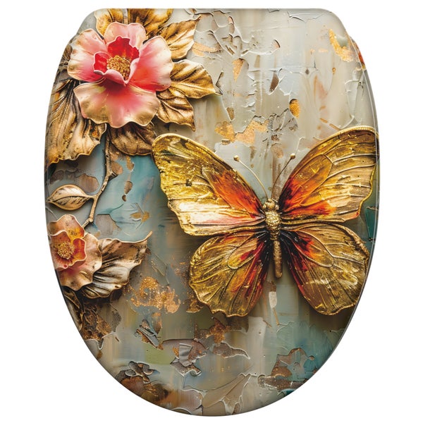 Toilettensitz mit Schmetterling und Blumen Motiv in rustikaler Optik.