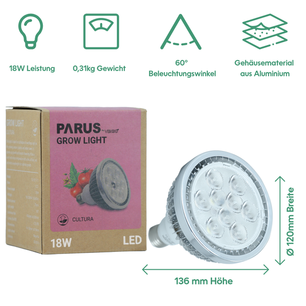 Parus by Venso LED Pflanzenlampe Vollspektrum Cultura LED Lampe E27 18W 60°, Wachstumslampe für Pflanzen wie Kräuter-, Gemüse- und Blühpflanzen, Parus Pflanzenlampe LED Vollspektrum Pflanzenlicht
