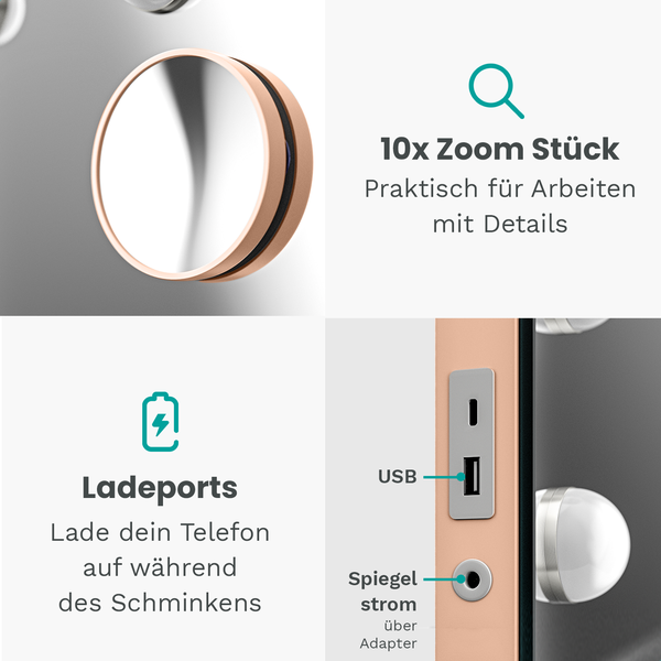 Mirlux Hollywood Make Up Spiegel LED-Beleuchtung - 10x Zoom - Aufhängbar - Rose Gold - 58x48cm