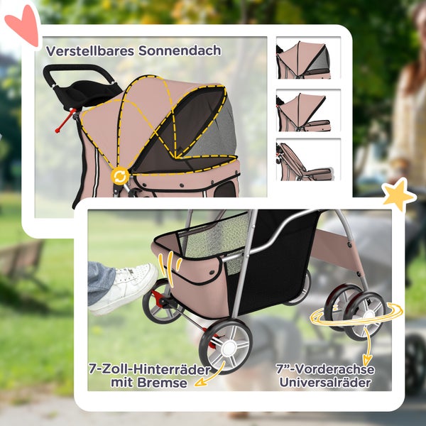 Hundebuggy mit verstellbarem Sonnendach, 7 Zoll Hinterrädern mit Bremse und schwenkbaren 7 Zoll Vorderrädern.