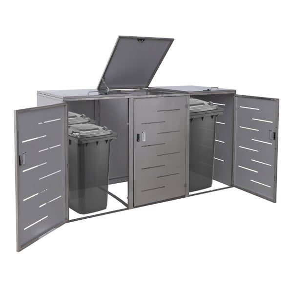 Mülltonnenbox aus Metall mit drei Fächern und geöffneten Türen