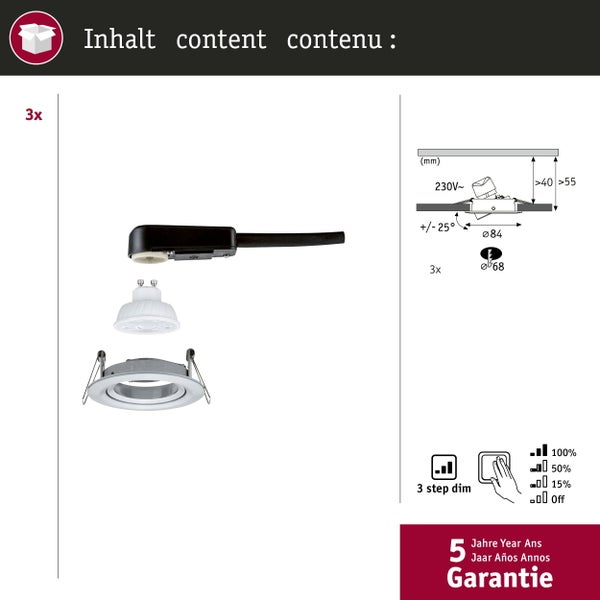 Inhalt und technische Daten eines 3er-Sets Einbaustrahler mit GU10 LED, 3-Stufen-Dimmfunktion, schwenkbar um 25 Grad und 5 Jahren Garantie.