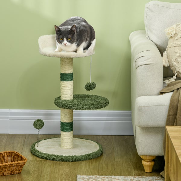 PawHut Kratzbaum Klein Kletterbaum, 64 cm Sisal- Katzenkratzbaum, Runder Katzenbaum mit Liegefläche, Spielball, Katzenmöbel für Katzen bis zu 4 kg, Weiß, Grün