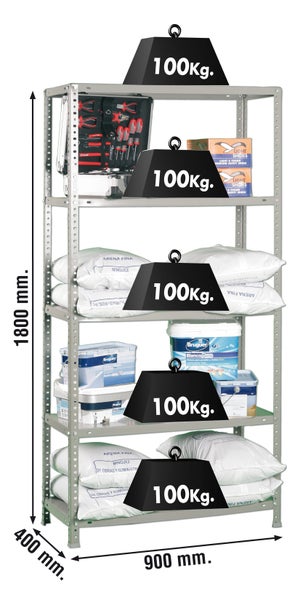 Metall-Schwerlastregal mit fünf Böden, Tragkraft 100 Kilogramm pro Boden, Maße 1800 mal 900 mal 400 Millimeter.