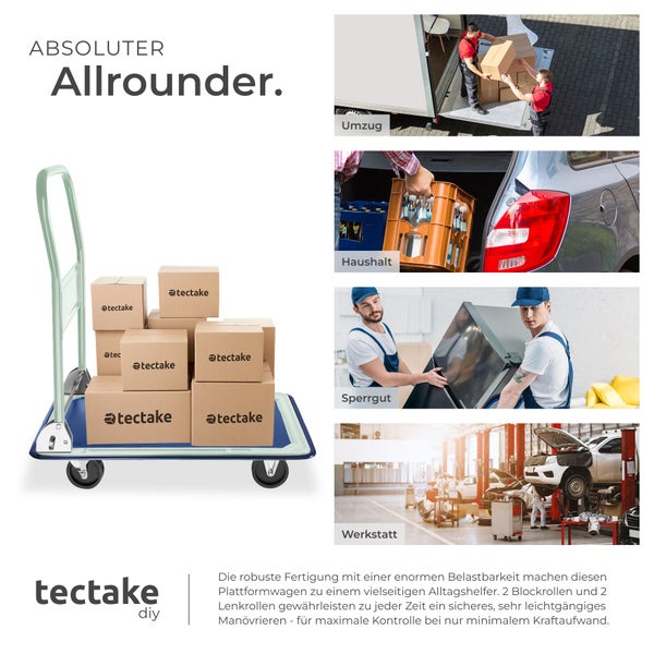 Vielseitiger Plattformwagen von tectake für Umzug, Haushalt, Transport sperriger Güter und Werkstattarbeiten.