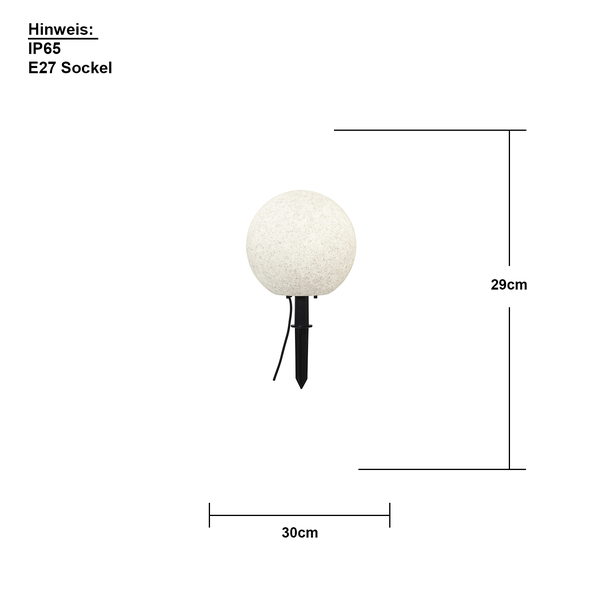 Gartenleuchte mit Kugelform, Erdspieß, Schutzart IP65 und E27 Fassung, Höhe 29 cm, Breite 30 cm