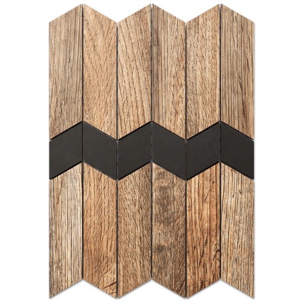 Mosaikfliese in Holzoptik mit schwarzem Zickzack-Muster für die Wandgestaltung.