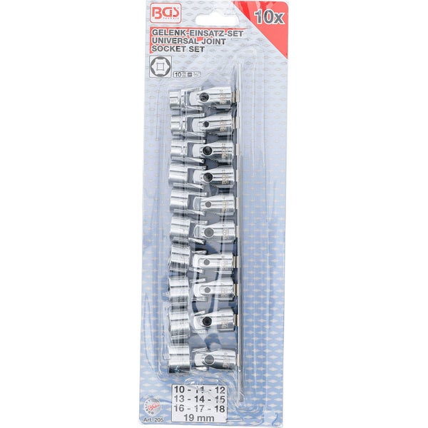 BGS Kardangelenk-Einsatz-Satz Sechskant Antrieb Innenvierkant 10 mm (3/8) SW 10 - 19 mm 10tlg. - 205