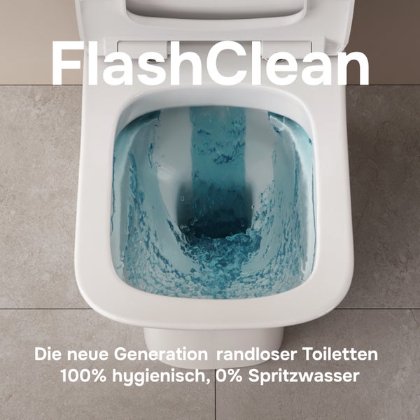 Wandhänge WC mit FlashClean Spültechnologie für hygienische Reinigung ohne Spülrand.